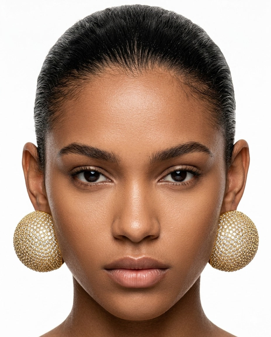 Gold Pavé Dome Earrings Crystal Ball Statement Clip-Ons