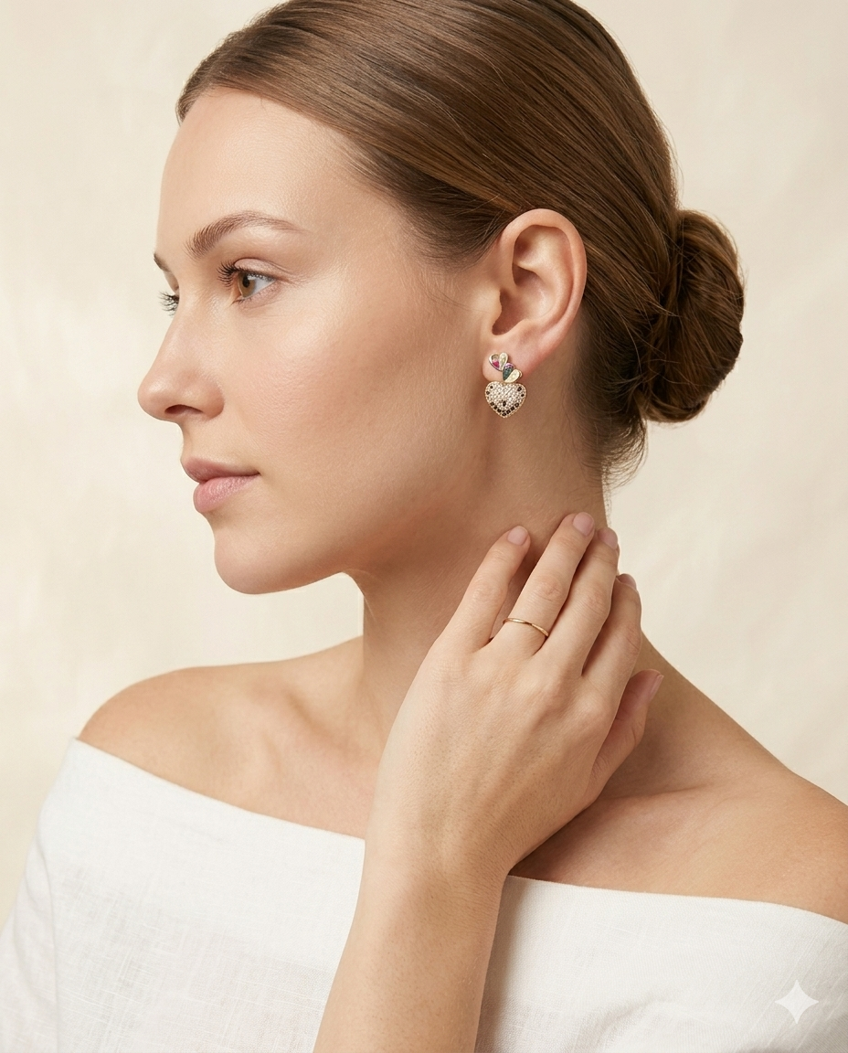 Multicolour Crystal Heart Drop Earrings Pavé Diamond & Gemstone Stud Earrings