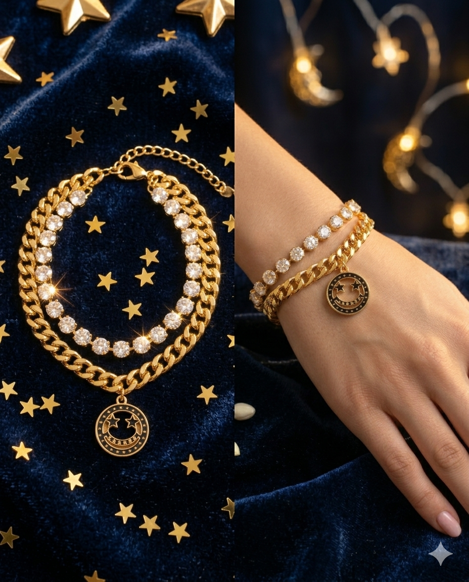 Luxe Layered Gold Bracelet – Celestial Smiley Edition (Unique & Catchy)
