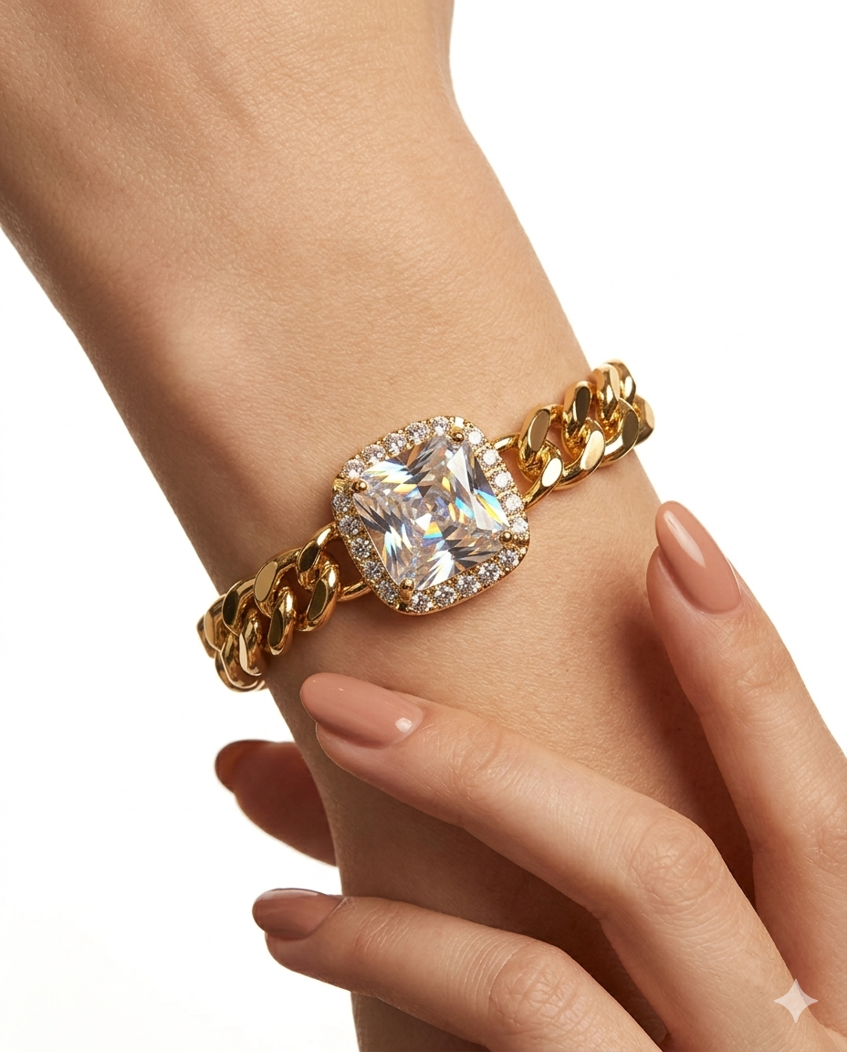 Luxe Gold Cuban Chain Bracelet with Halo Crystal Center