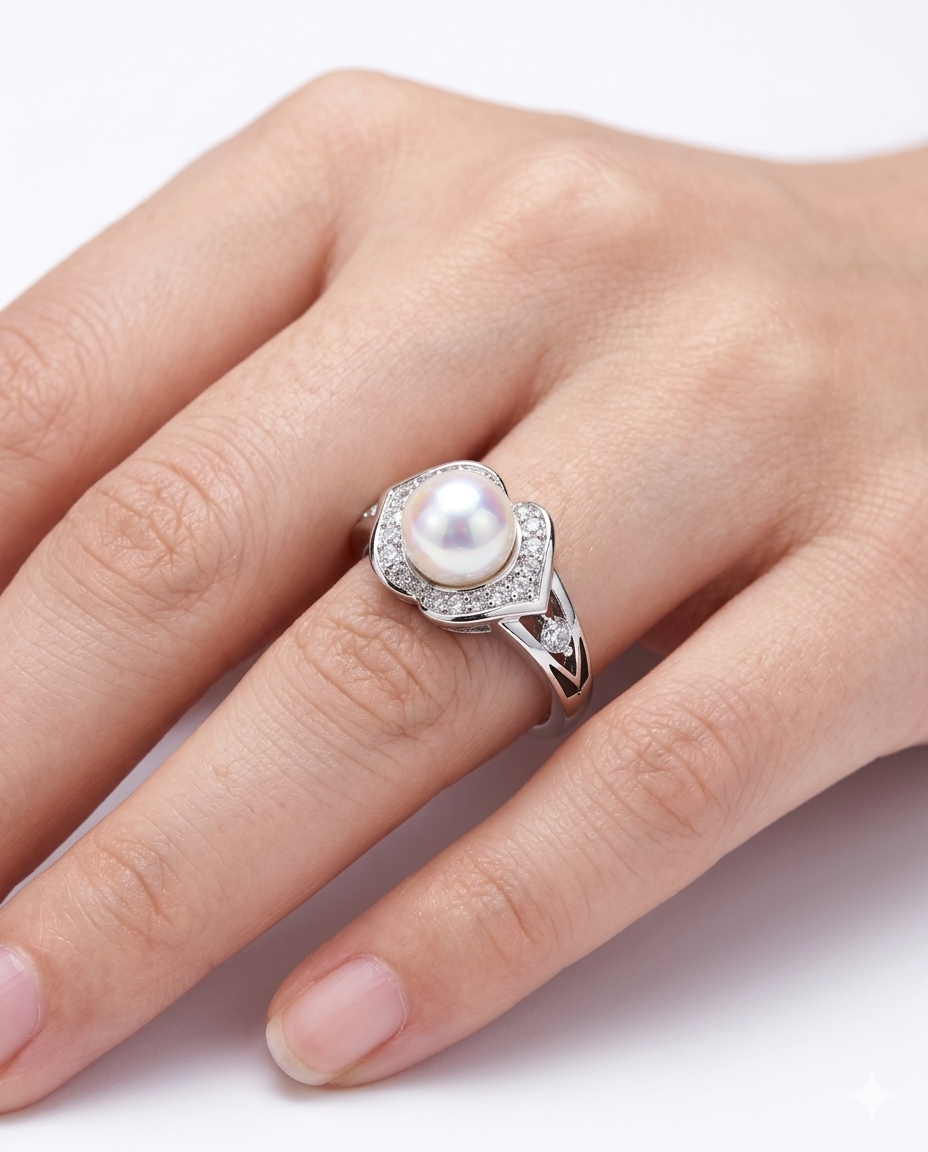 Freshwater Pearl Floral Halo Ring Elegant Silver CZ Statement Ring for Women