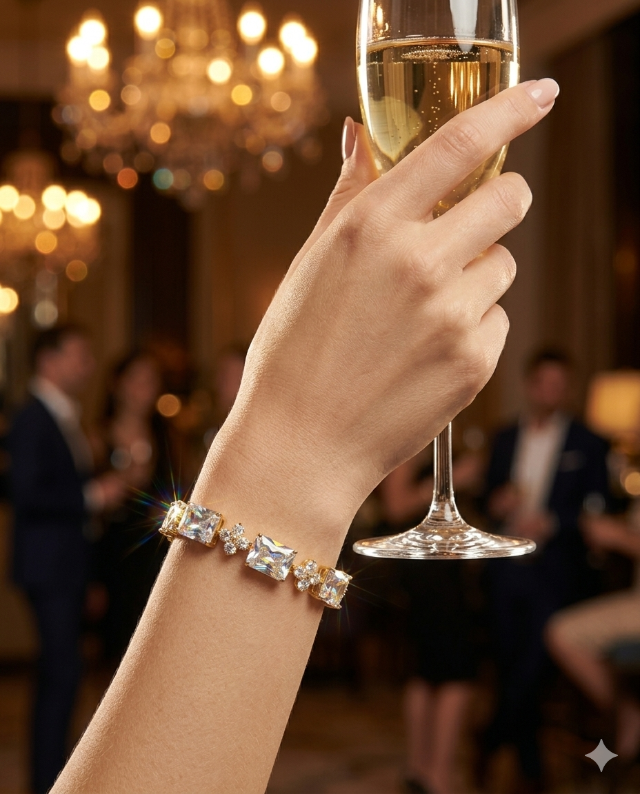 Céleste Royale Gold Tennis Bracelet – Emerald Cut CZ & Flower Cluster Links