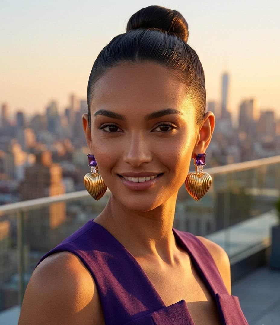 Amethyst Royale Textured Heart Drop Earrings in 18K Gold Finish