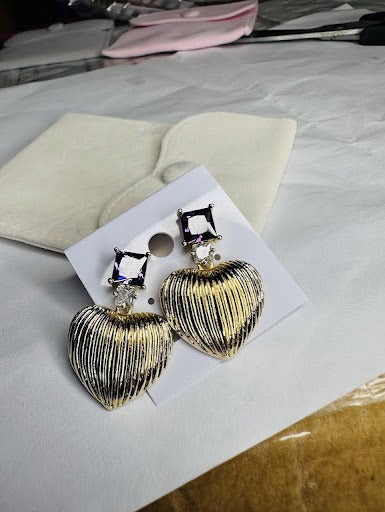 Amethyst Royale Textured Heart Drop Earrings in 18K Gold Finish