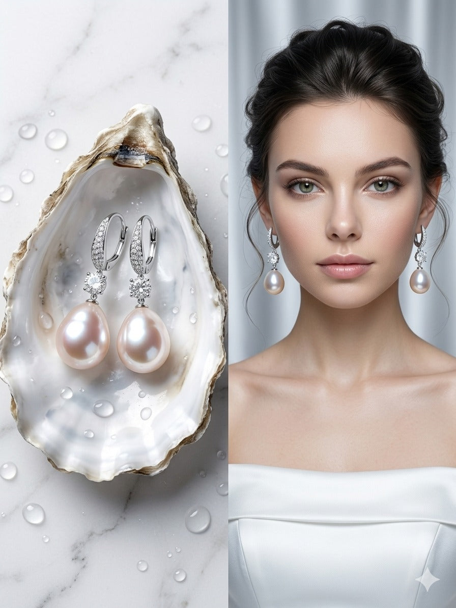 Aurora Iridescent Pearl & Solitaire Drop Earrings in Silver Finish