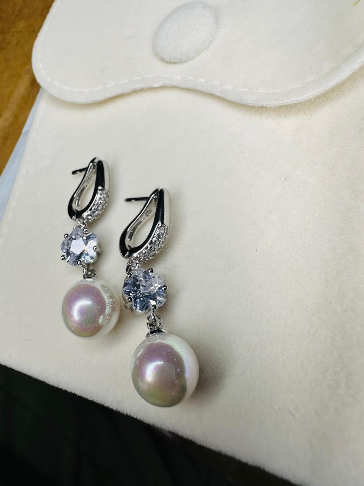 Aurora Iridescent Pearl & Solitaire Drop Earrings in Silver Finish