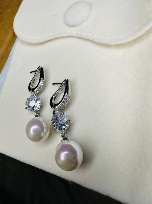 Aurora Iridescent Pearl & Solitaire Drop Earrings in Silver Finish