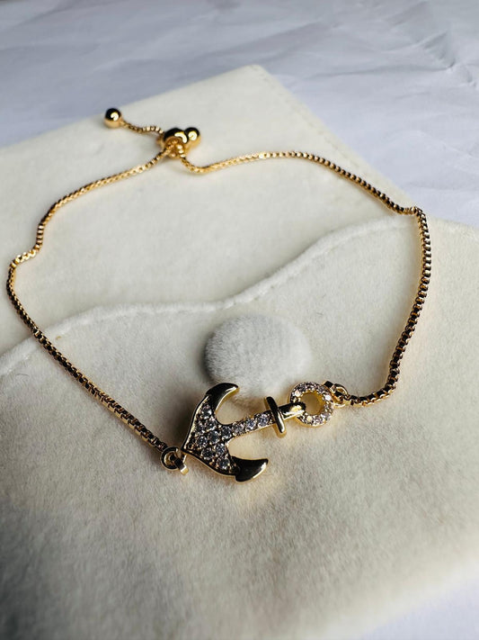 Celestial Anchor Adjustable Slider Bracelet in 18K Gold Finish