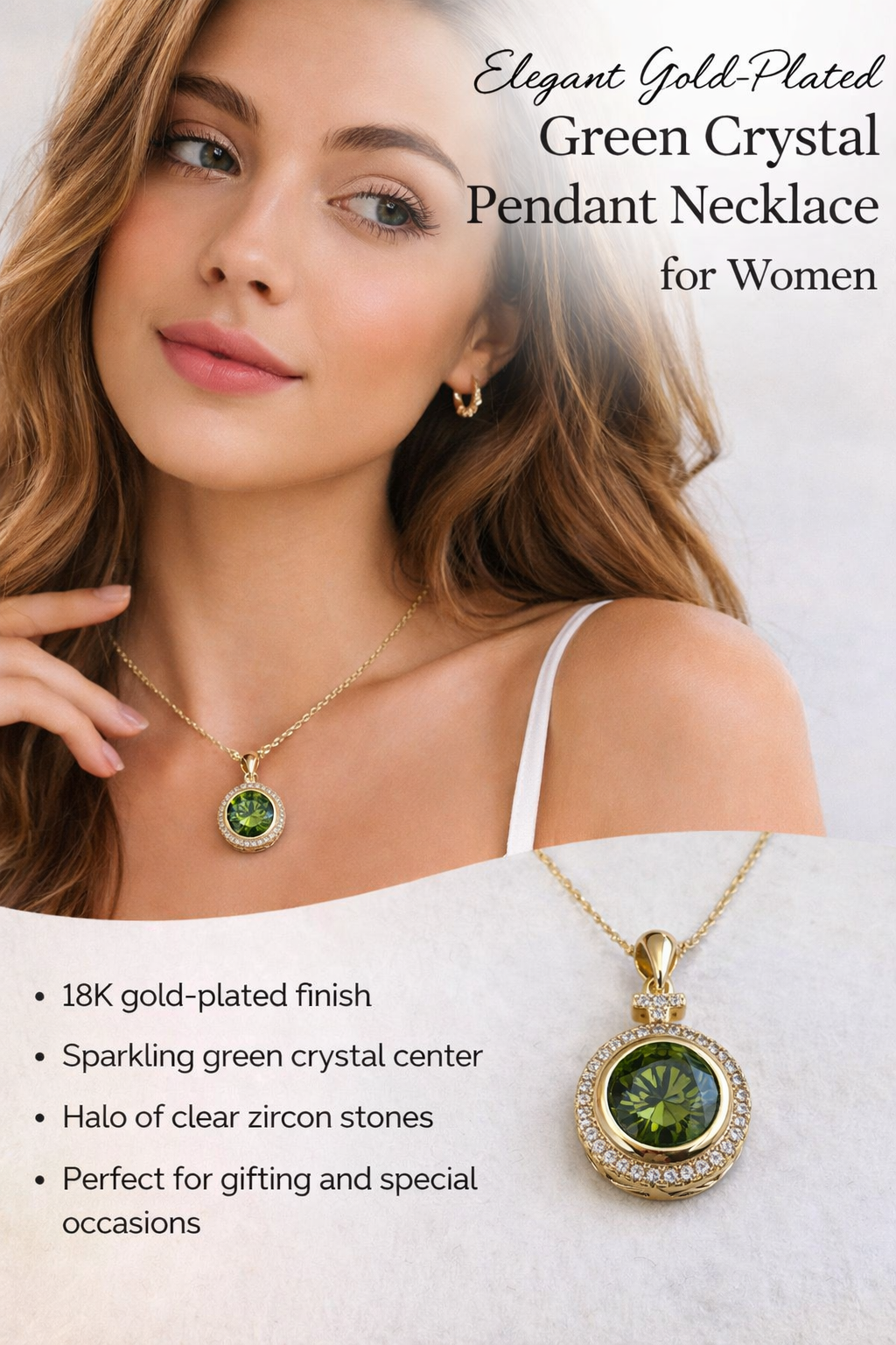 Elegant Gold-Plated Green Crystal Halo Pendant Necklace for Women