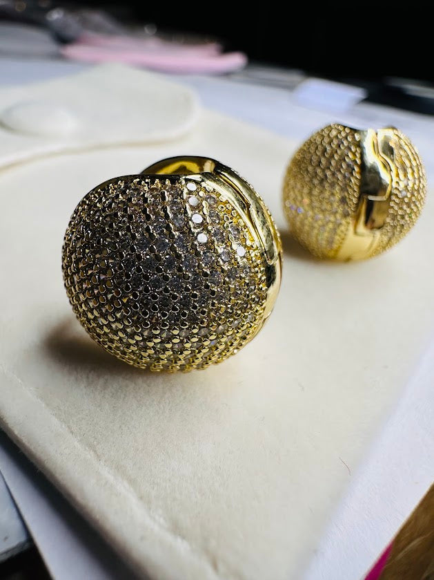 Gold Pavé Dome Earrings Crystal Ball Statement Clip-Ons