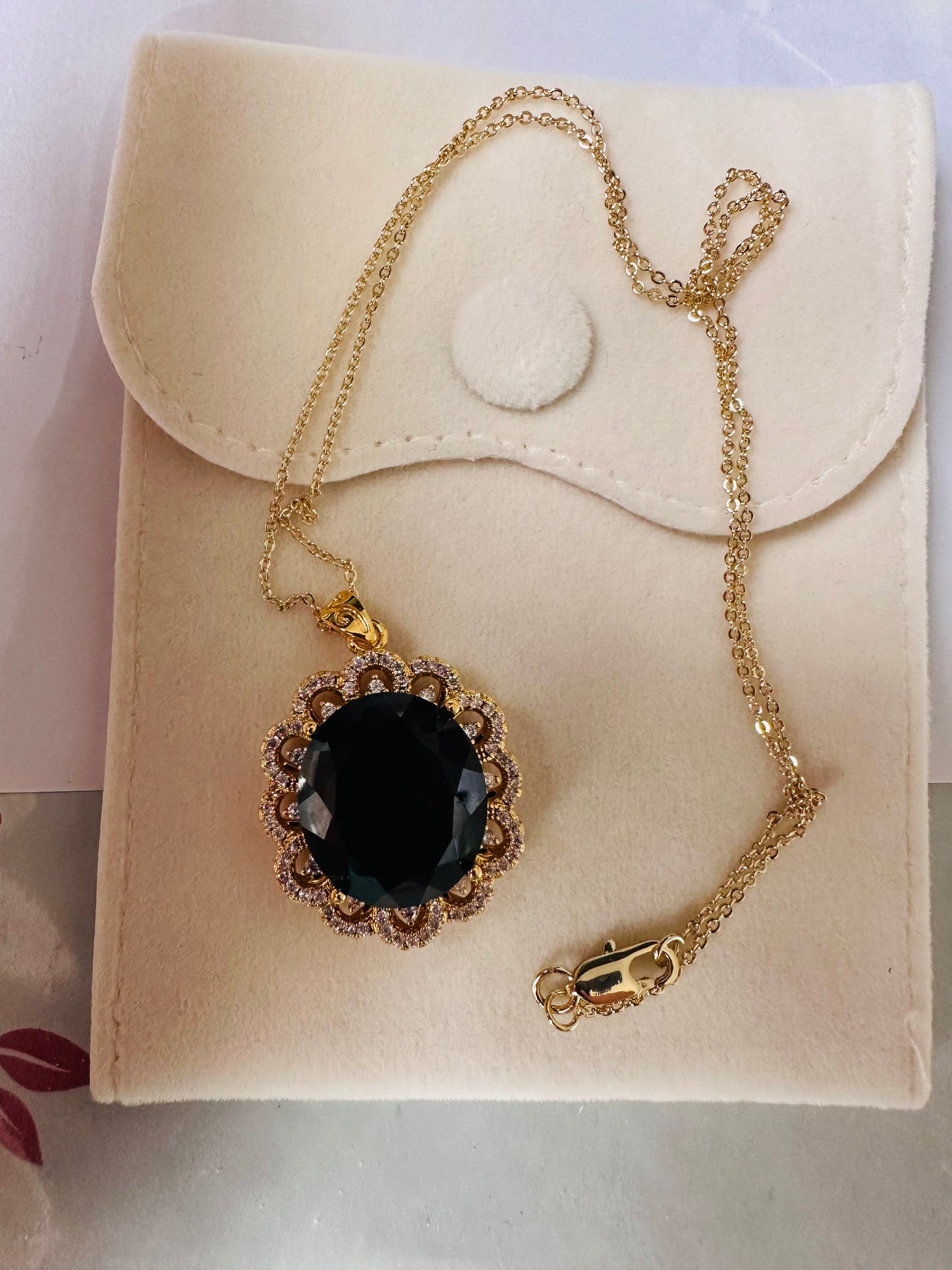Black Onyx Oval Floral Halo Pendant Necklace | 18K Gold-Plated | Oversized Luxury Statement Jewellery for Women