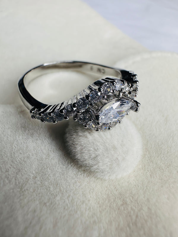 Marquise Halo CZ Engagement Ring Bridal Silver Tone Diamond-Style Ring