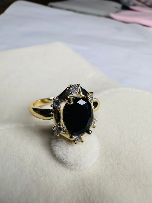 Black Onyx Hexagon Halo Gold Ring – Vintage Geometric Statement Ring for Women