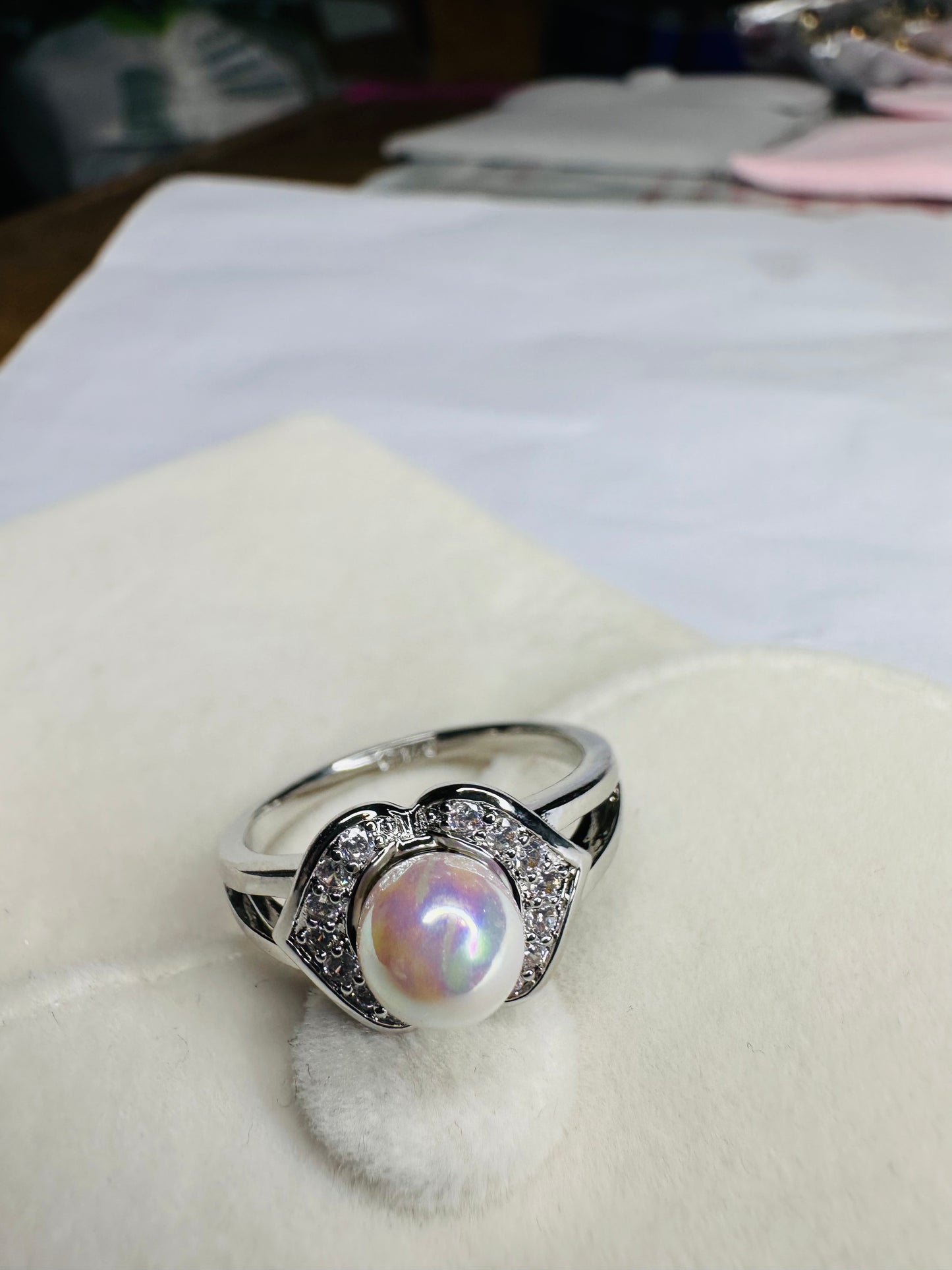 Freshwater Pearl Floral Halo Ring Elegant Silver CZ Statement Ring for Women