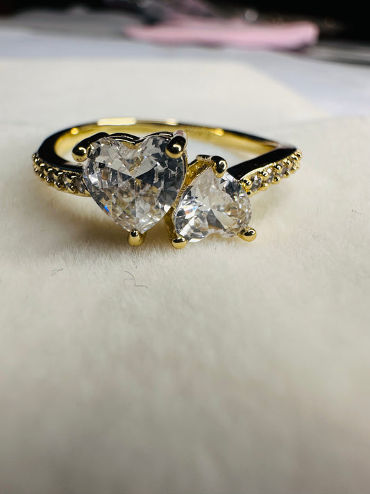 Toi et Moi Double Heart CZ Ring  Romantic Gold Tone Two-Stone Love Ring for Women