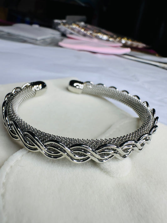 Braided Mesh Cuff Bracelet  Wide Silver Tone Woven Chain Statement Bracelet for Women