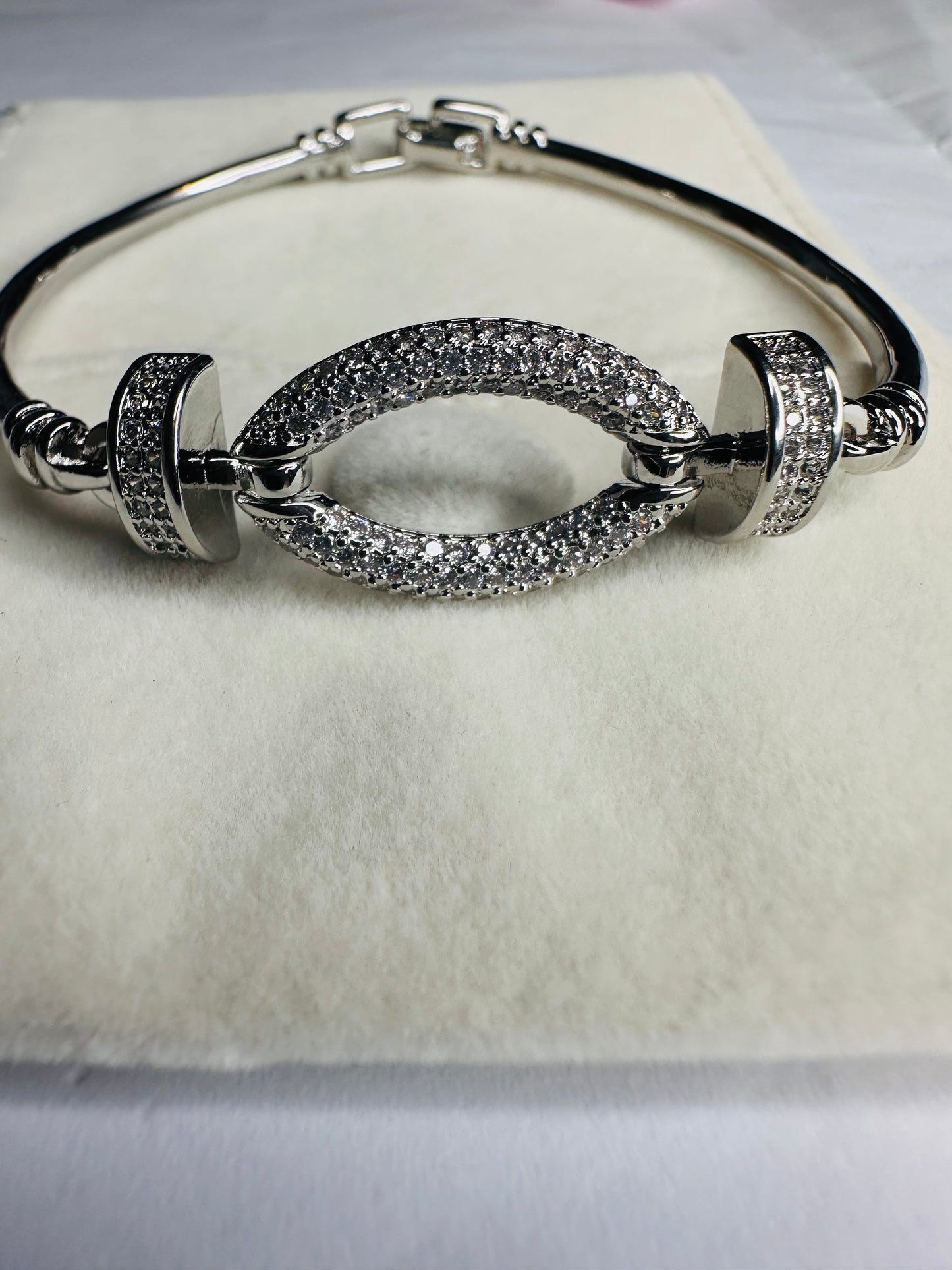 Silver Oval Halo CZ Bangle Bracelet  Luxury Pave Diamond Open Cuff Bangle