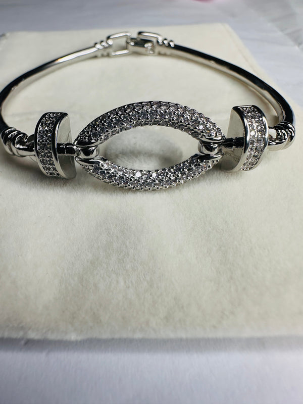 Silver Oval Halo CZ Bangle Bracelet  Luxury Pave Diamond Open Cuff Bangle