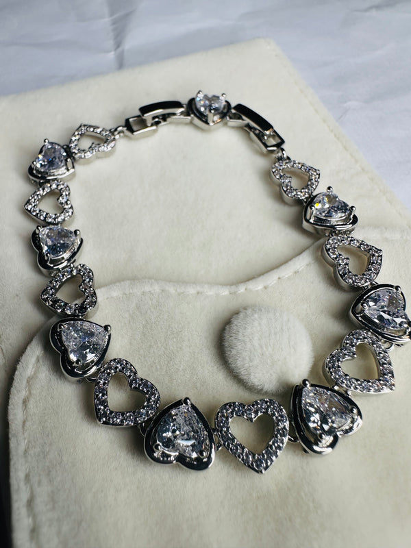 Silver Heart Tennis Bracelet CZ Diamond Heart Link Bracelet | Romantic Luxury Jewelry