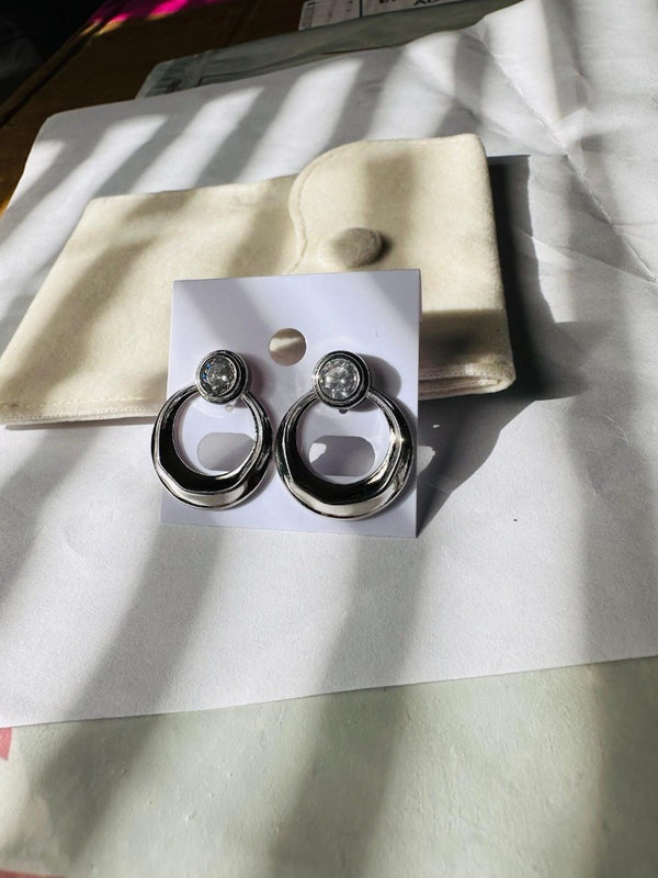 Luna Statement Solitaire Hoop Earrings in Polished Silver Finish
