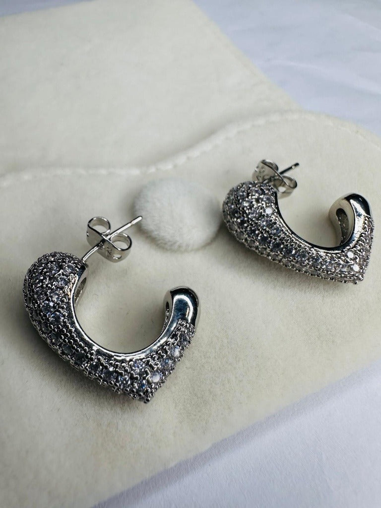Luxe Pave Open Hoop Stud Earrings in Platinum Finish