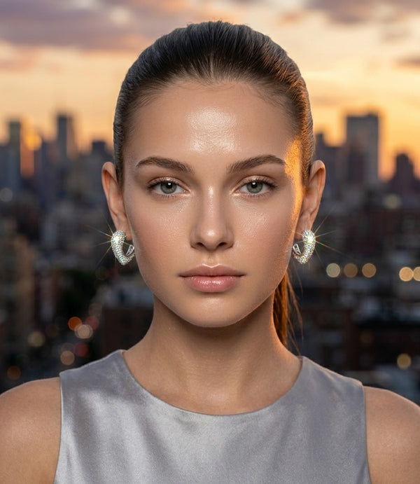 Luxe Pave Open Hoop Stud Earrings in Platinum Finish