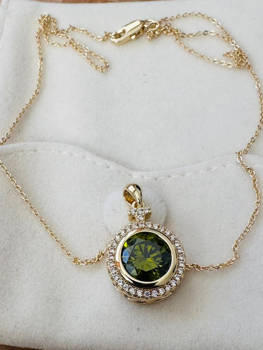 Elegant Gold-Plated Green Crystal Halo Pendant Necklace for Women