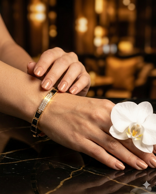 Aura Golden Glitz: Geometric Link Tennis-Style Bangle (Most Compelling)