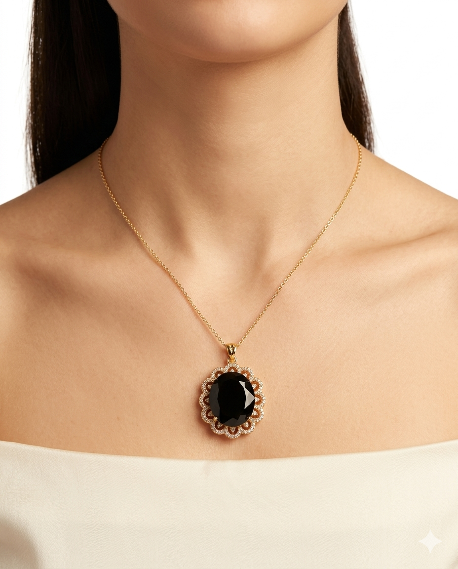 Black Onyx Oval Floral Halo Pendant Necklace | 18K Gold-Plated | Oversized Luxury Statement Jewellery for Women
