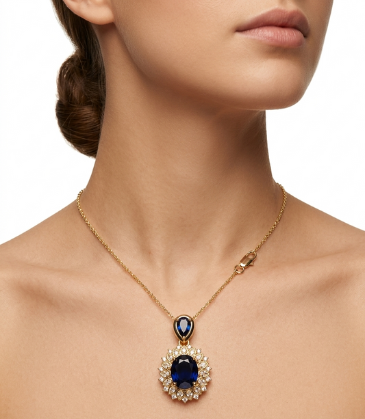 Dark Blue Sapphire Sunburst Halo Pendant Necklace | 18K Gold-Plated | Royal Luxury Statement Jewellery for Women
