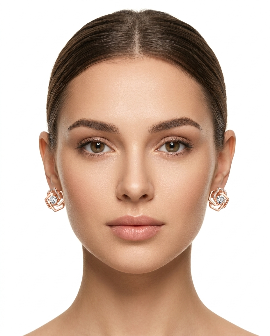 Rose Gold Flower Stud Earrings Diamond Crystal Floral Swirl Earrings