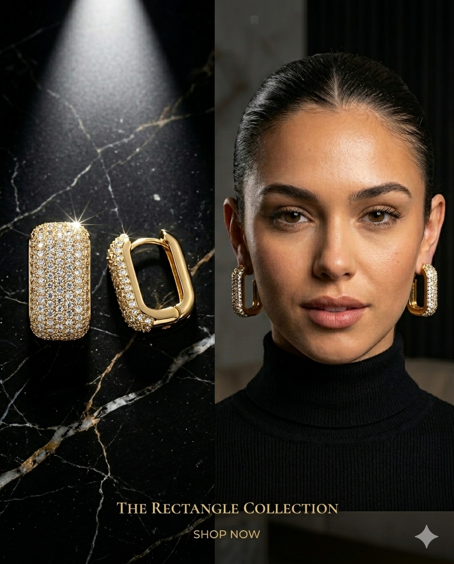 Gold Rectangle Pavé Hoop Earrings Diamond Crystal Chunky Square Hoops