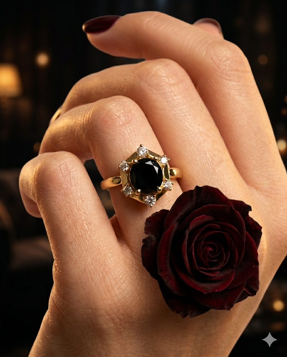 Black Onyx Hexagon Halo Gold Ring – Vintage Geometric Statement Ring for Women
