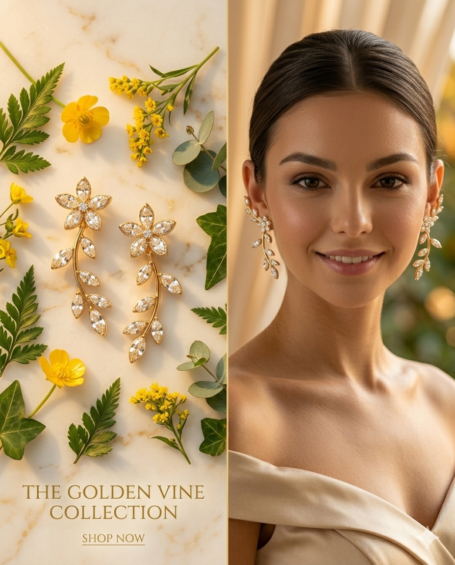 Gold Marquise Crystal Flower & Vine Ear Crawler Earrings Golden Vine Collection Bridal Luxury Drop Earrings