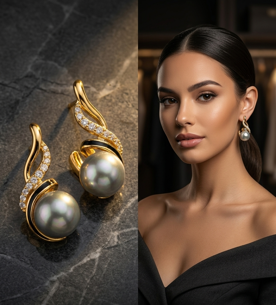 Grey Iridescent Pearl & Gold Swirl Earrings | Serenity Collection | Luxury Pearl Drop Earrings