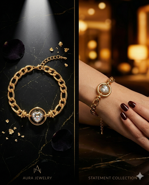 Aura Collection: Gold-Tone Heart Charm Cuban Link (Brand-focused)