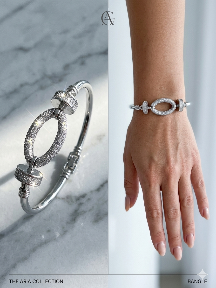 Silver Oval Halo CZ Bangle Bracelet  Luxury Pave Diamond Open Cuff Bangle